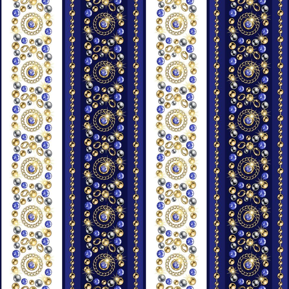 Seamless striped pattern with precious jewelry elements, gold beads, chains, blue gems. Ornate mosaic style. Good for clothing, apparel, fabric, textile, surface design. vector
