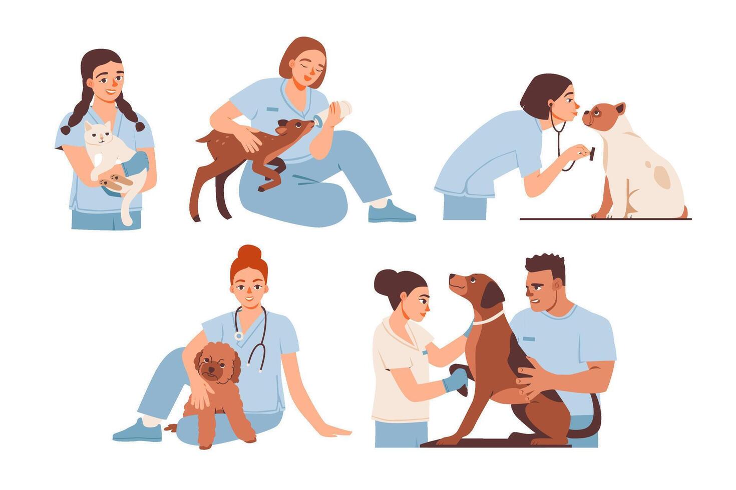 Veterinarian examining a dog and cat. Pet care, medical checkups, and animal wellness in a veterinary environment. Vet doctor set. Flat illustration. vector