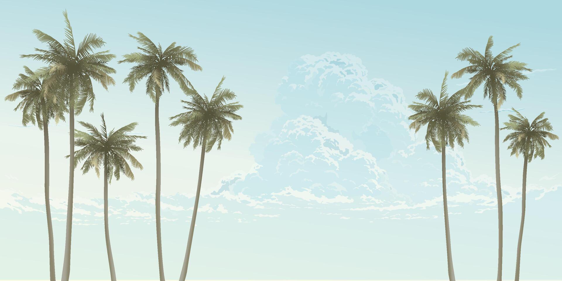 Coconut palm trees with clouds and blue sky background fade condition graphic illustration have blank space. vector