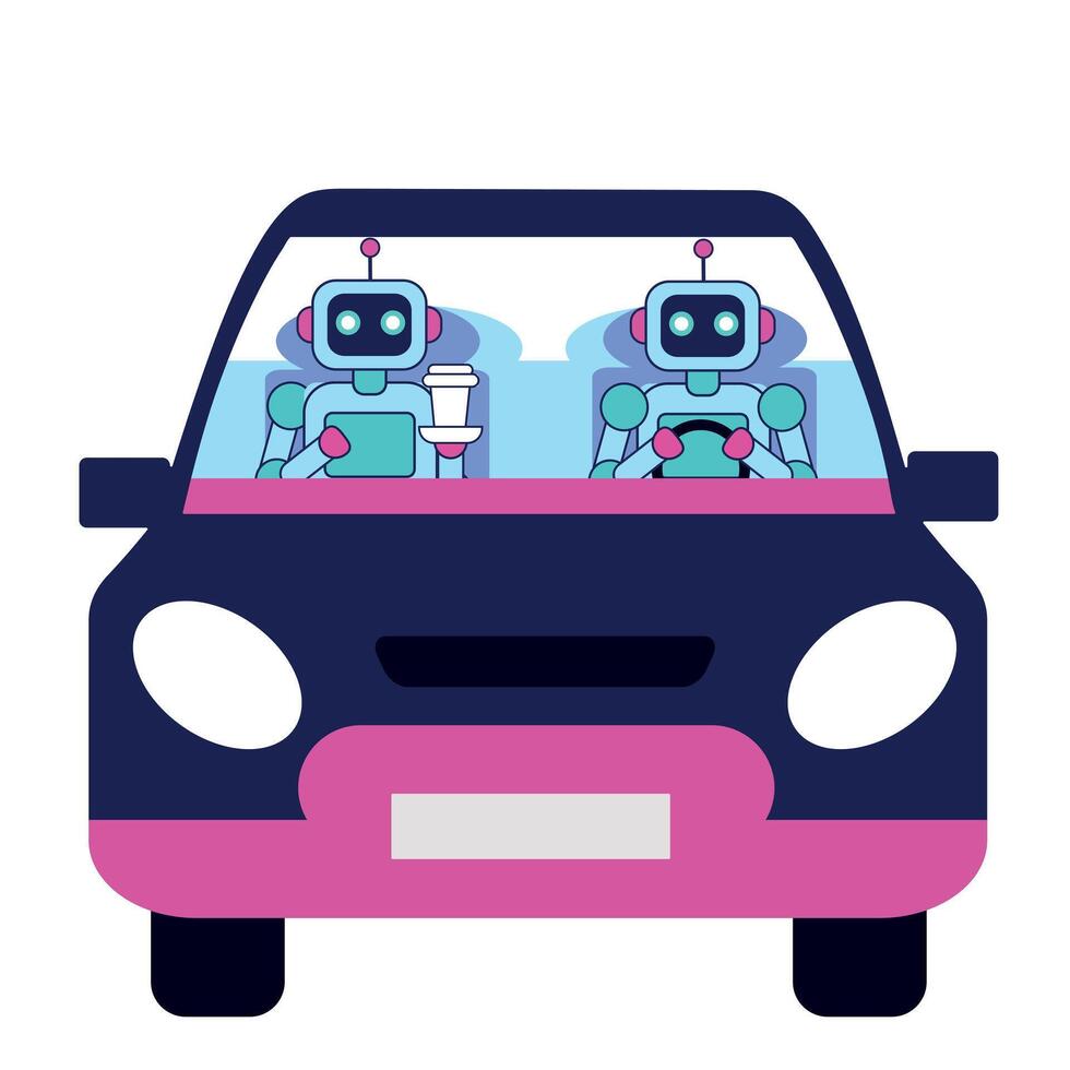 Two robots are driving a car. One robot is holding coffee. Automation concept. vector