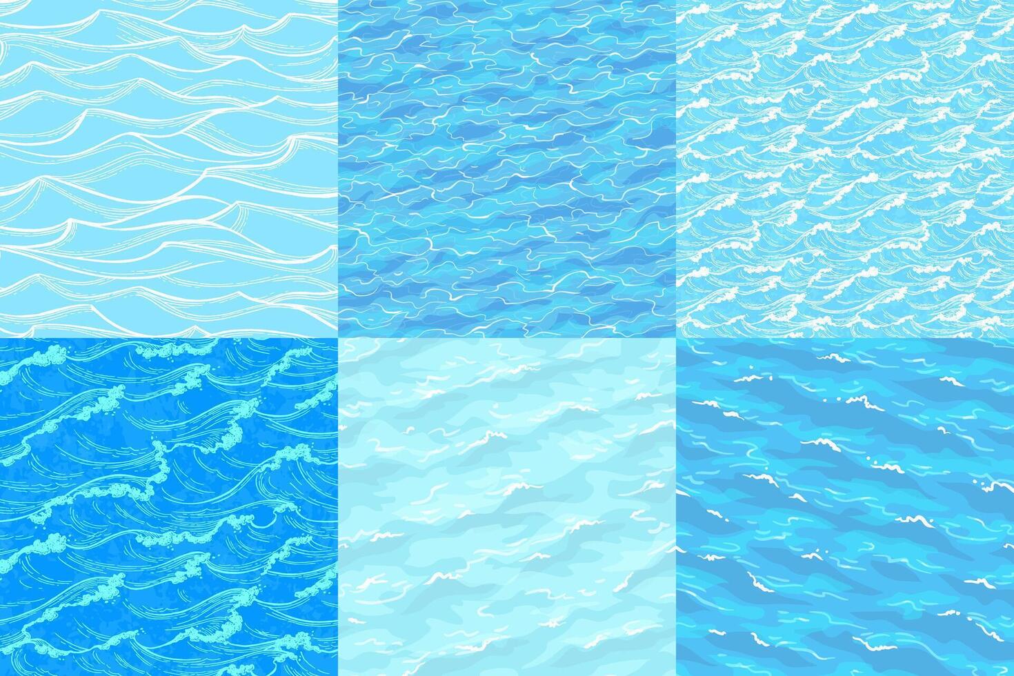 Sea waves seamless pattern collection. Summer background. Hand drawn illustration of water. vector