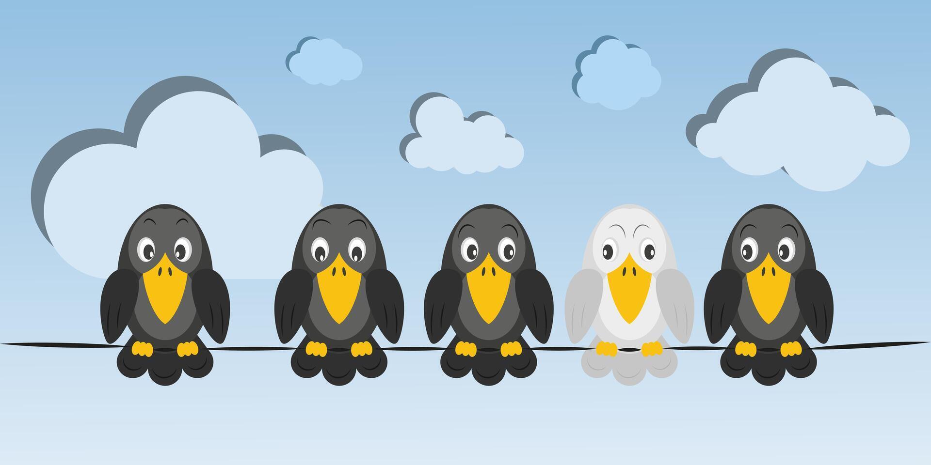 Not like all the other concepts. One white crow among all black crows. vector