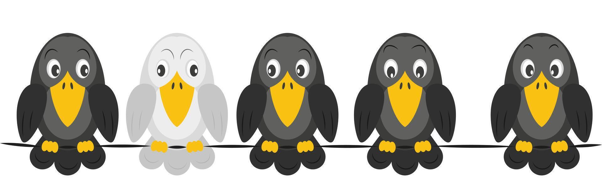 One white crow among all black crows. Other, outsider, individual. Different thinking. vector