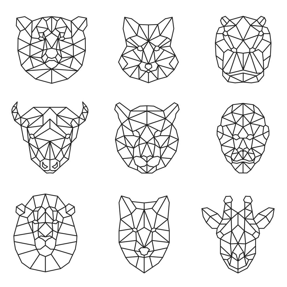 Animals are drawn with a polygon. Faces of animals in a thin line. Animal faces. vector
