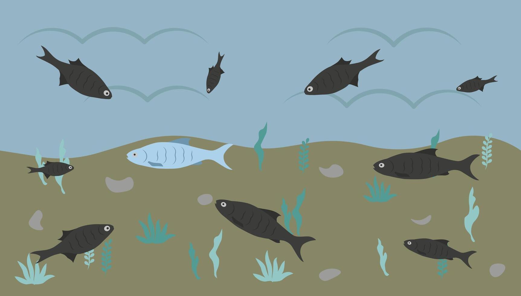 Plates against the current. One fish swims in another direction. A symbol of courage, individuality, loneliness or a different way of life. vector