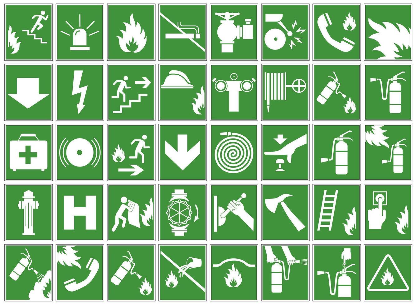 Green signs of necessary actions during a fire. Fire warnings and actions. vector