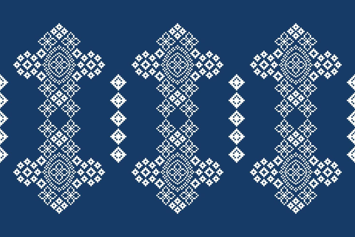 Ethnic pattern cross stitch with blue color background ethnic design fabric motif decor. vector