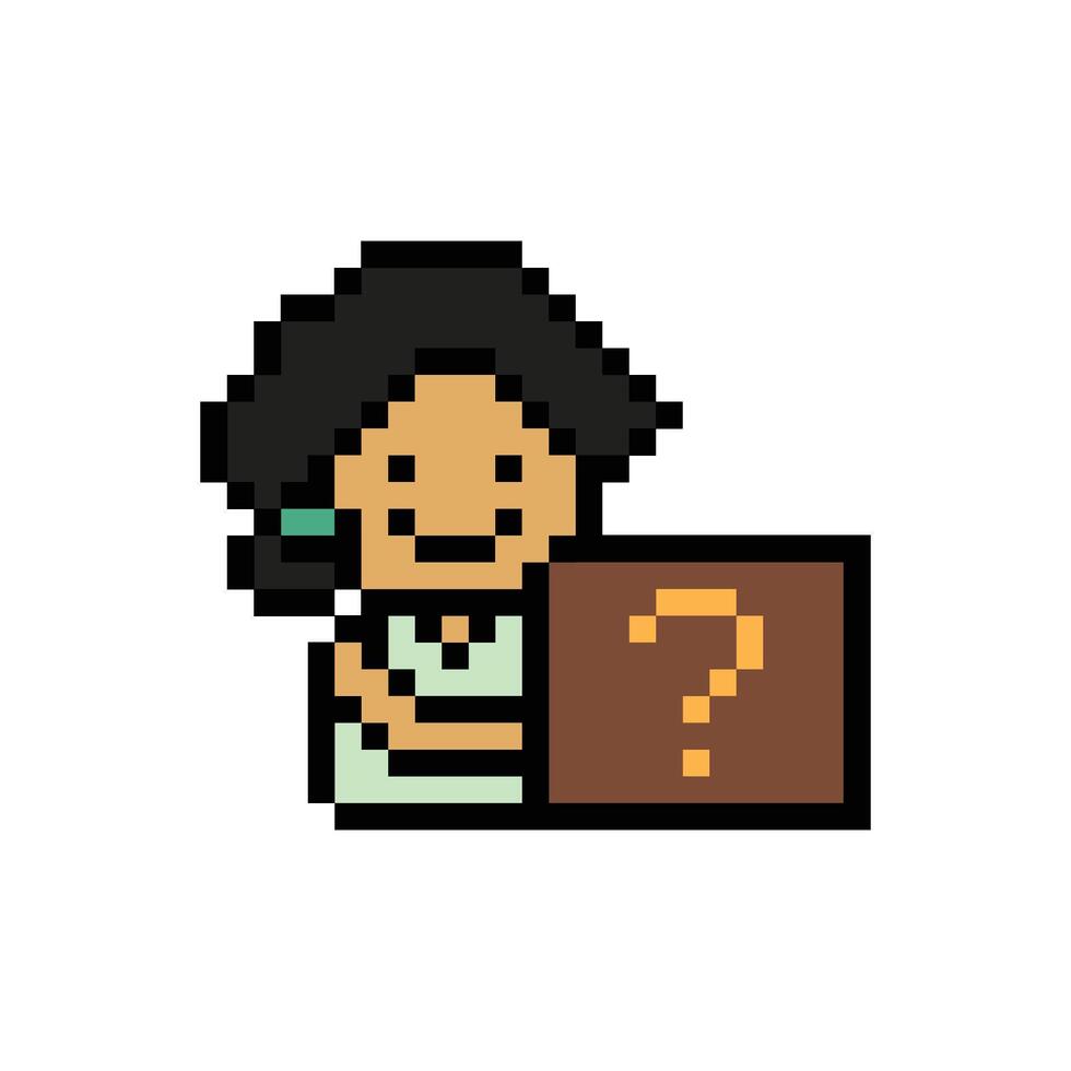 Cartoon pixel art of woman girl lady female and sign question mark quiz question art. vector