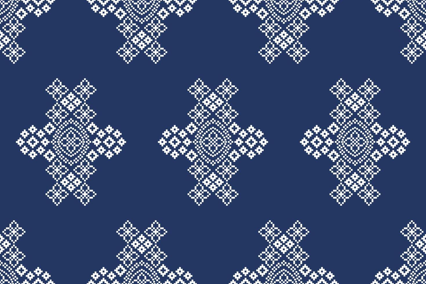 Cross stitch with blue color background ethnic design fabric motif pattern. vector