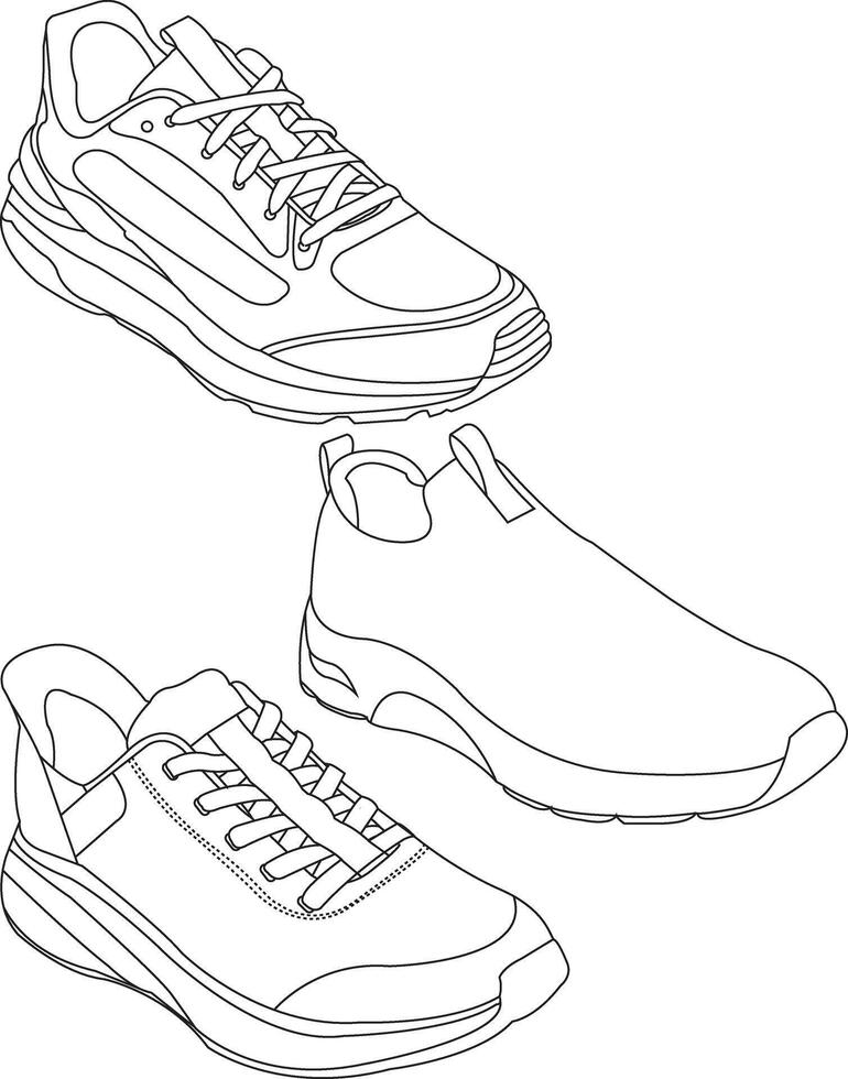 Set of Shoes sneaker outline drawing icon, set of sneakers design isolated, black line sneaker template outline vector