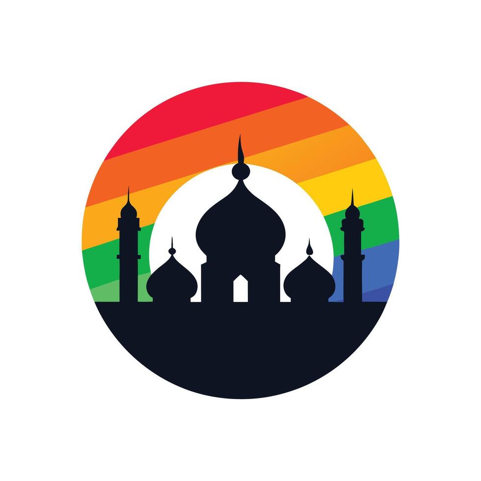 Majestic Silhouette of Taj Mahal against a Rainbow Backdrop An emblematic depiction of the Taj Mahal, outlined in a striking silhouette, is set against a vibrant backdrop of rainbow hues. vector