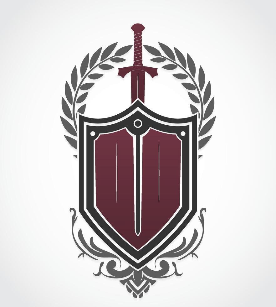 heraldry logo shield with sword and laurel wreath ornamental color sign vector