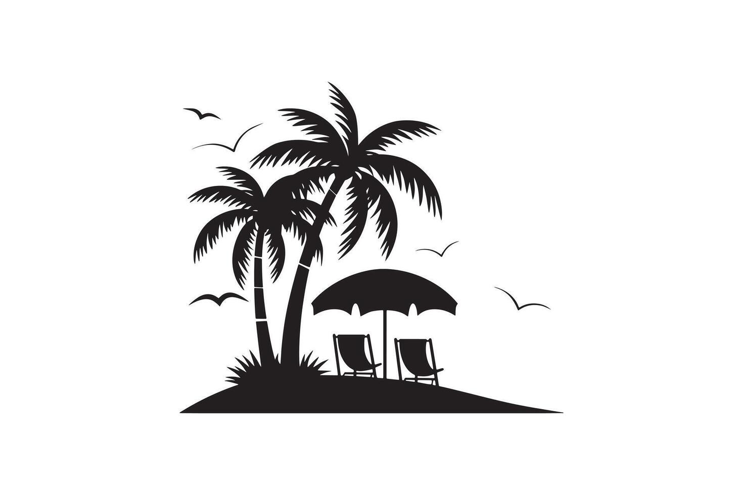 Island Paradise Silhouette With Beach Chairs and Umbrella vector