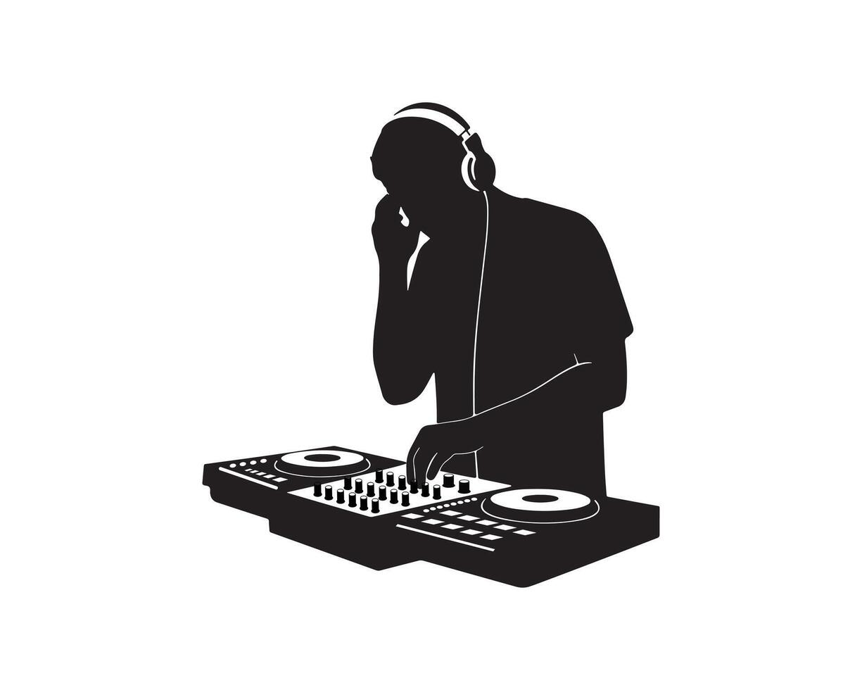 DJ Silhouette with Mixer and Headphones DJ Playing Music vector