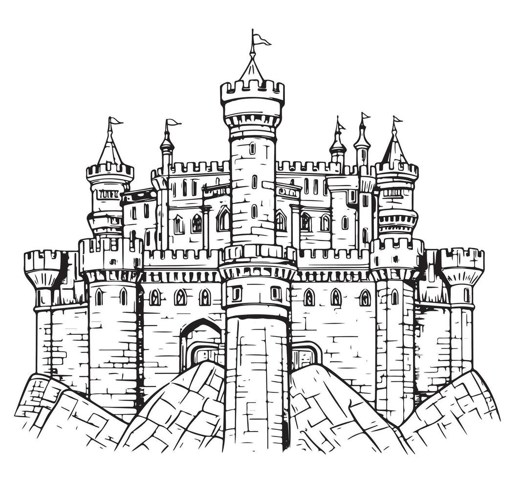 Illustration of ancient medieval fortress. Fairyland kingdom. Black and white page for kids coloring book. Worksheet for drawing and meditation for children and adults. French architecture. vector