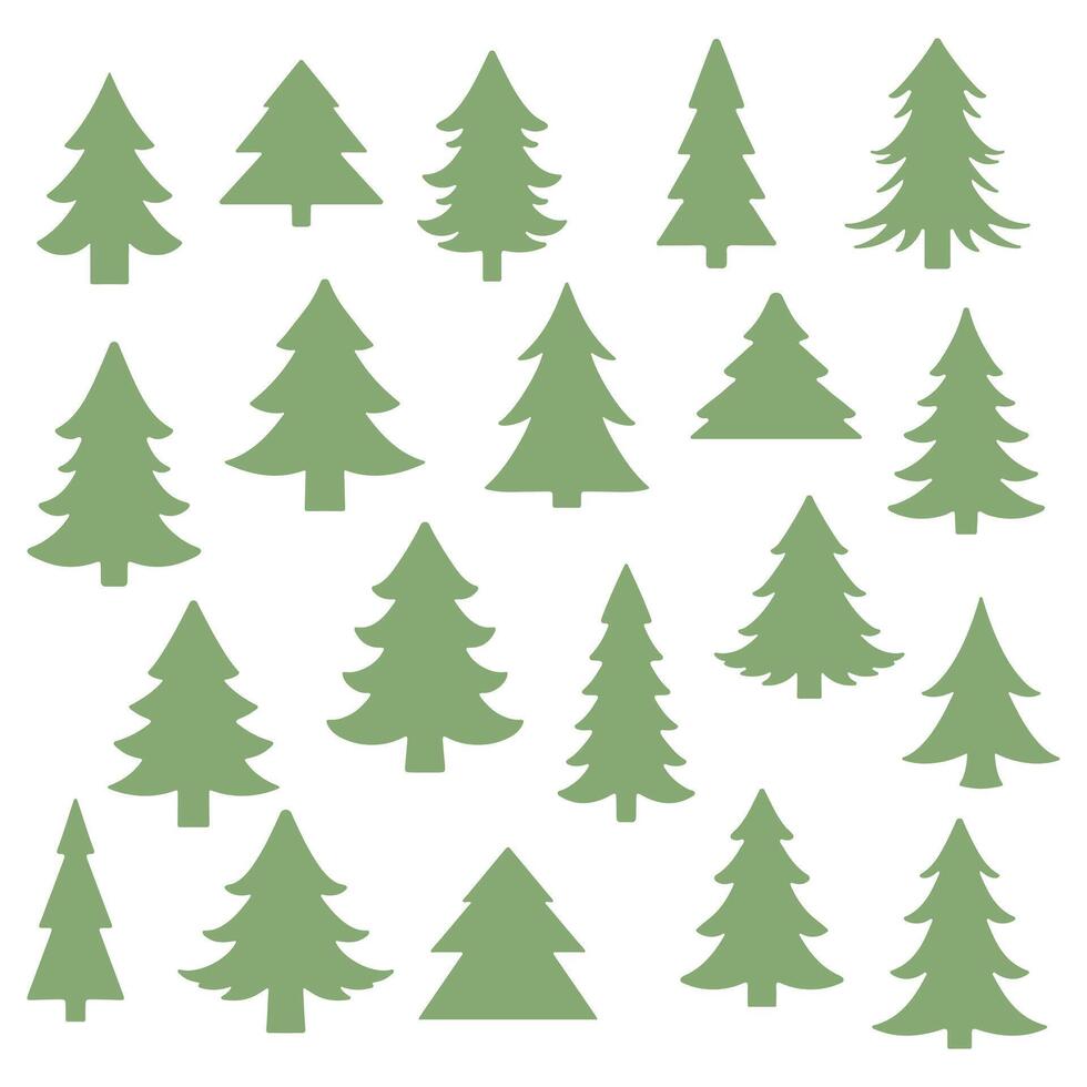 Illustration featuring a variety of green pine tree silhouettes. Perfect for design projects, patterns, and holiday-themed decorations. Includes various shapes and sizes. vector