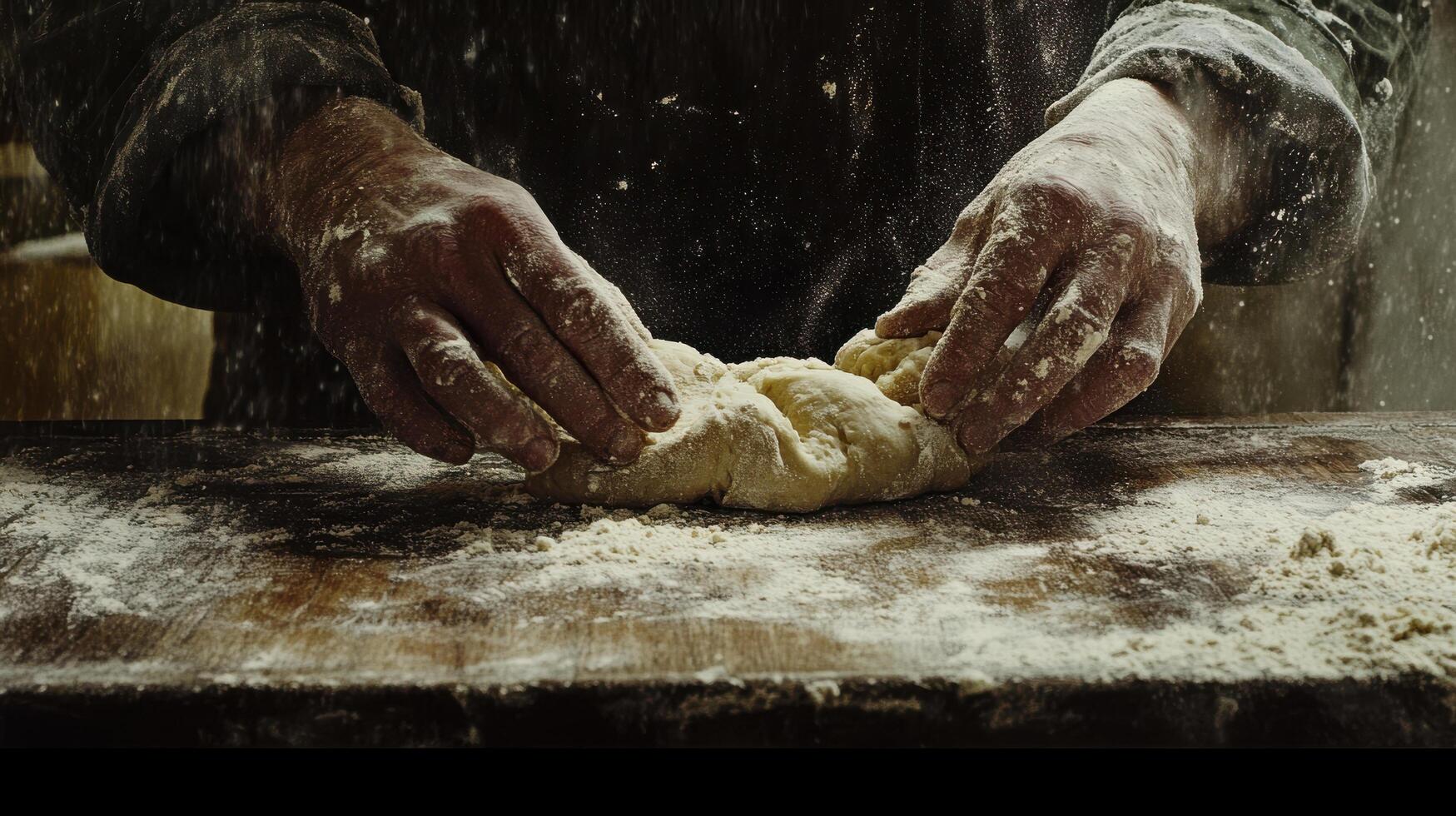 Kneading dough on rustic wooden surface, hands covered in flour, creates warm and inviting atmosphere in bakery setting. process showcases art of baking and joy of creating photo