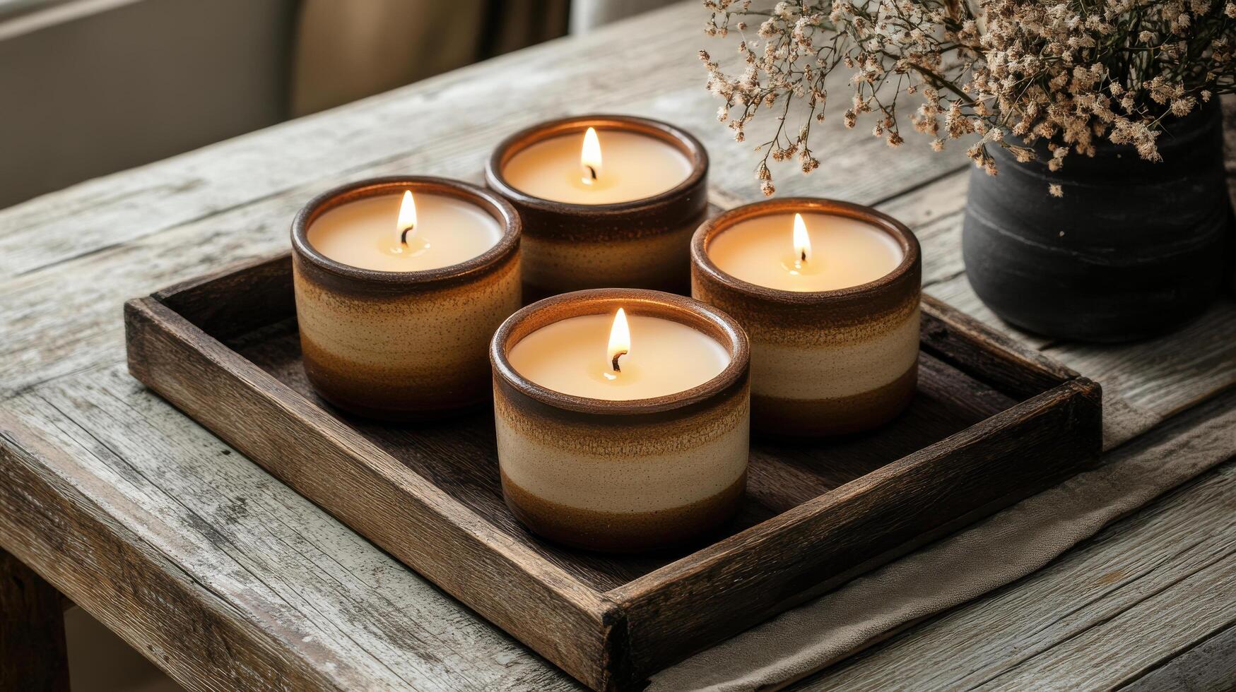 Rustic handmade candles on antique wooden tray create warm and inviting atmosphere, perfect for relaxation and ambiance. soft glow of flames enhances cozy setting photo