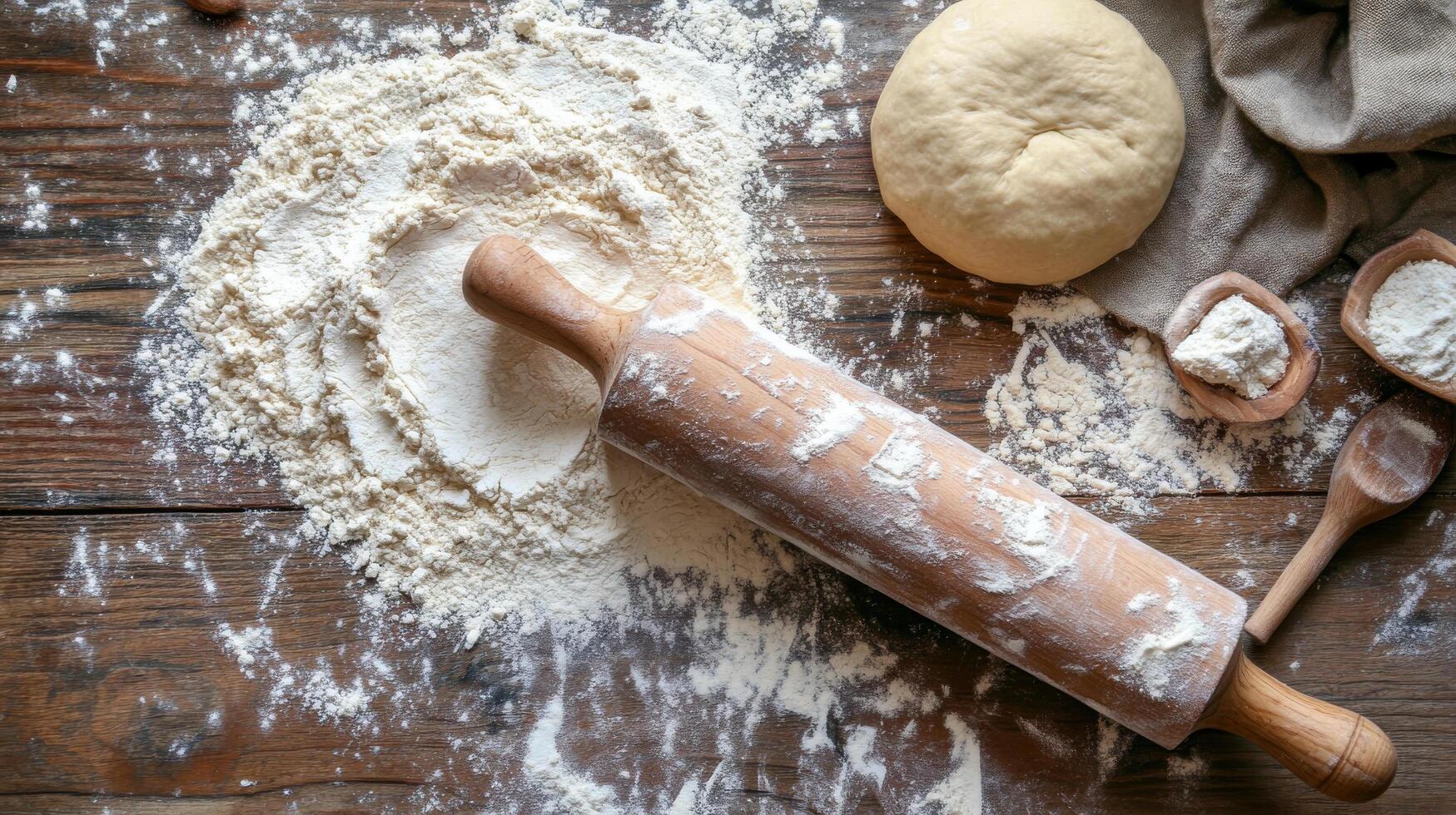 wooden rolling pin rests on flour dusted wooden surface, surrounded by scattered flour and ball of dough. scene captures essence of baking, evoking warm and inviting atmosphere photo