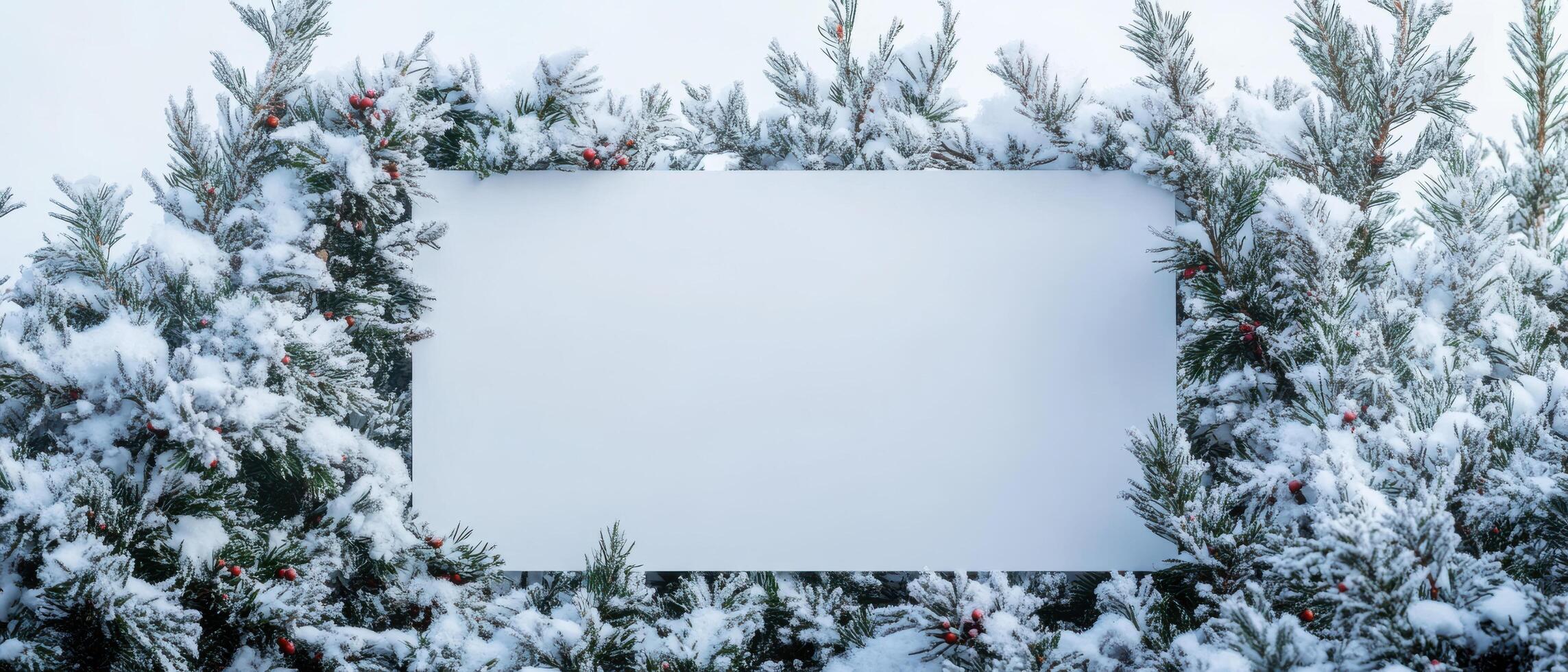 blank billboard surrounded by snow covered pine branches creates serene winter scene. frosted greenery and red berries add festive touch, perfect for holiday themes photo