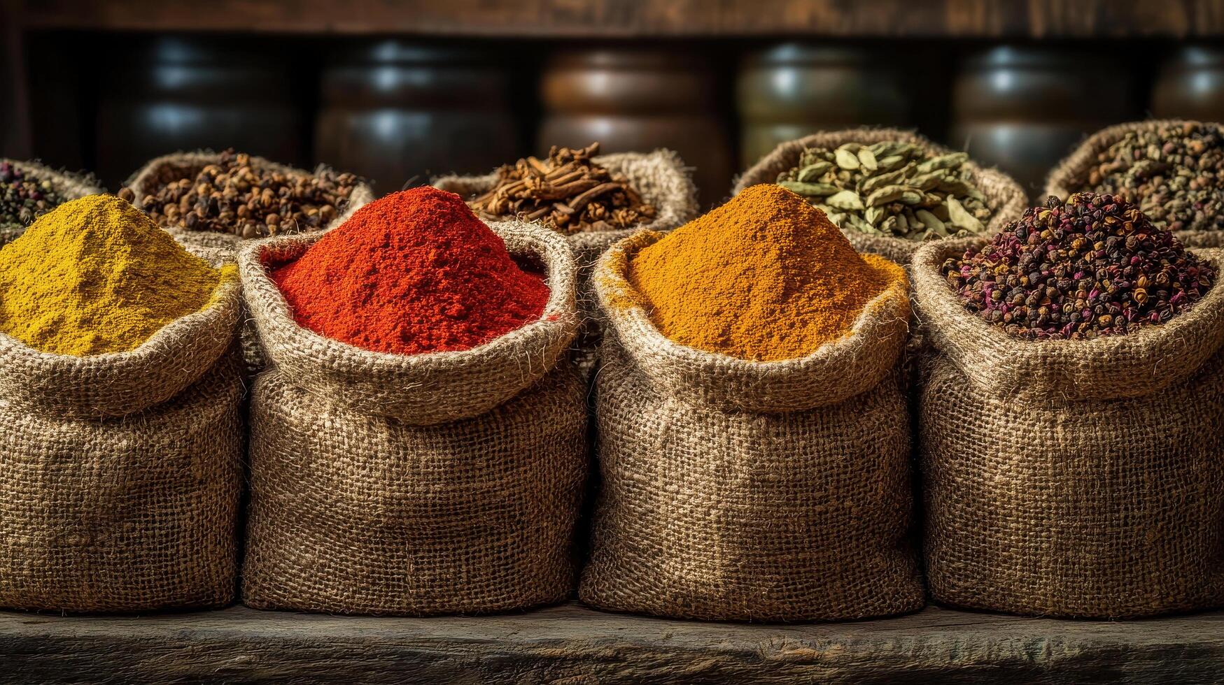 Rustic spice market with burlap sacks filled with vibrant spices, showcasing variety of colors and textures. warm atmosphere evokes sense of tradition and culinary adventure photo