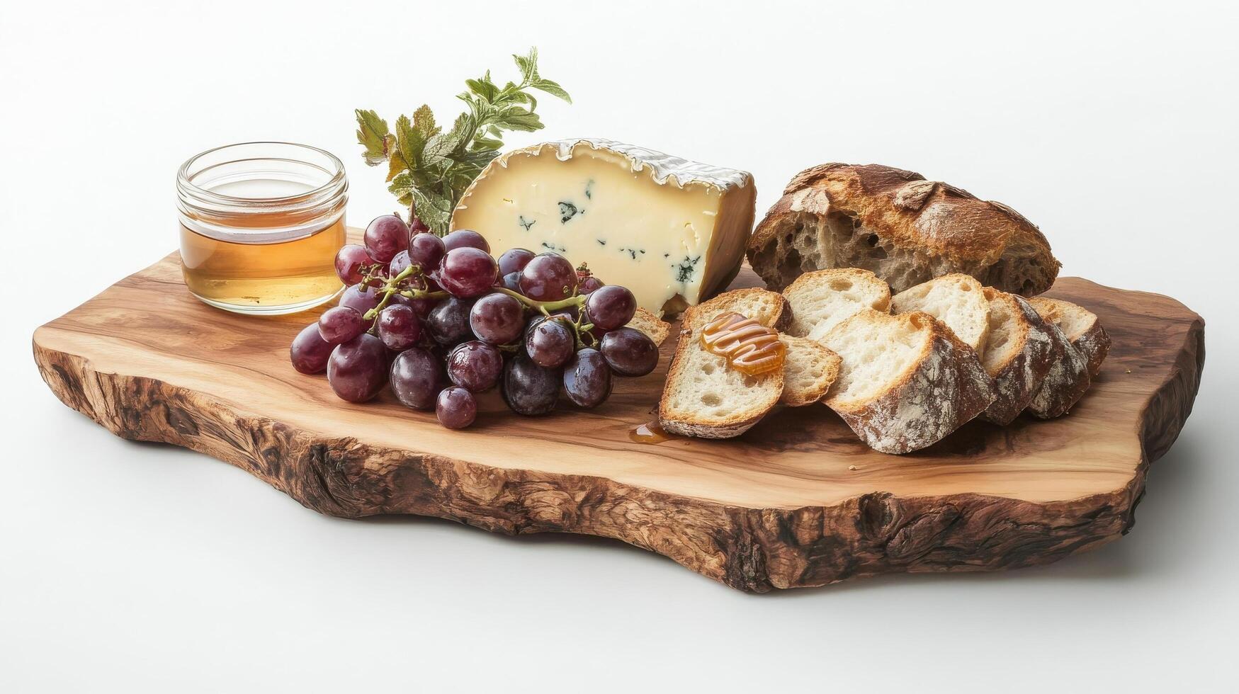 Artisan cheese board featuring variety of cheeses, fresh grapes, honey, and crusty bread, beautifully arranged on natural wood platter, creating inviting and delicious presentation photo