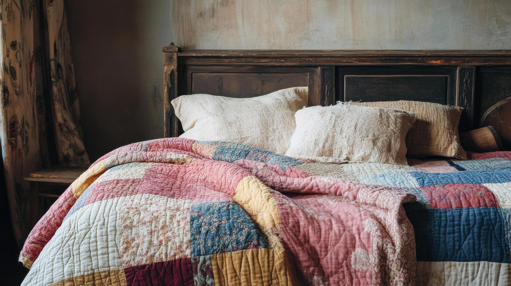 cozy bedroom featuring handmade patchwork quilt with visible stitches draped over rustic wooden bed. quilt showcases blend of warm colors and patterns, creating welcoming atmosphere photo