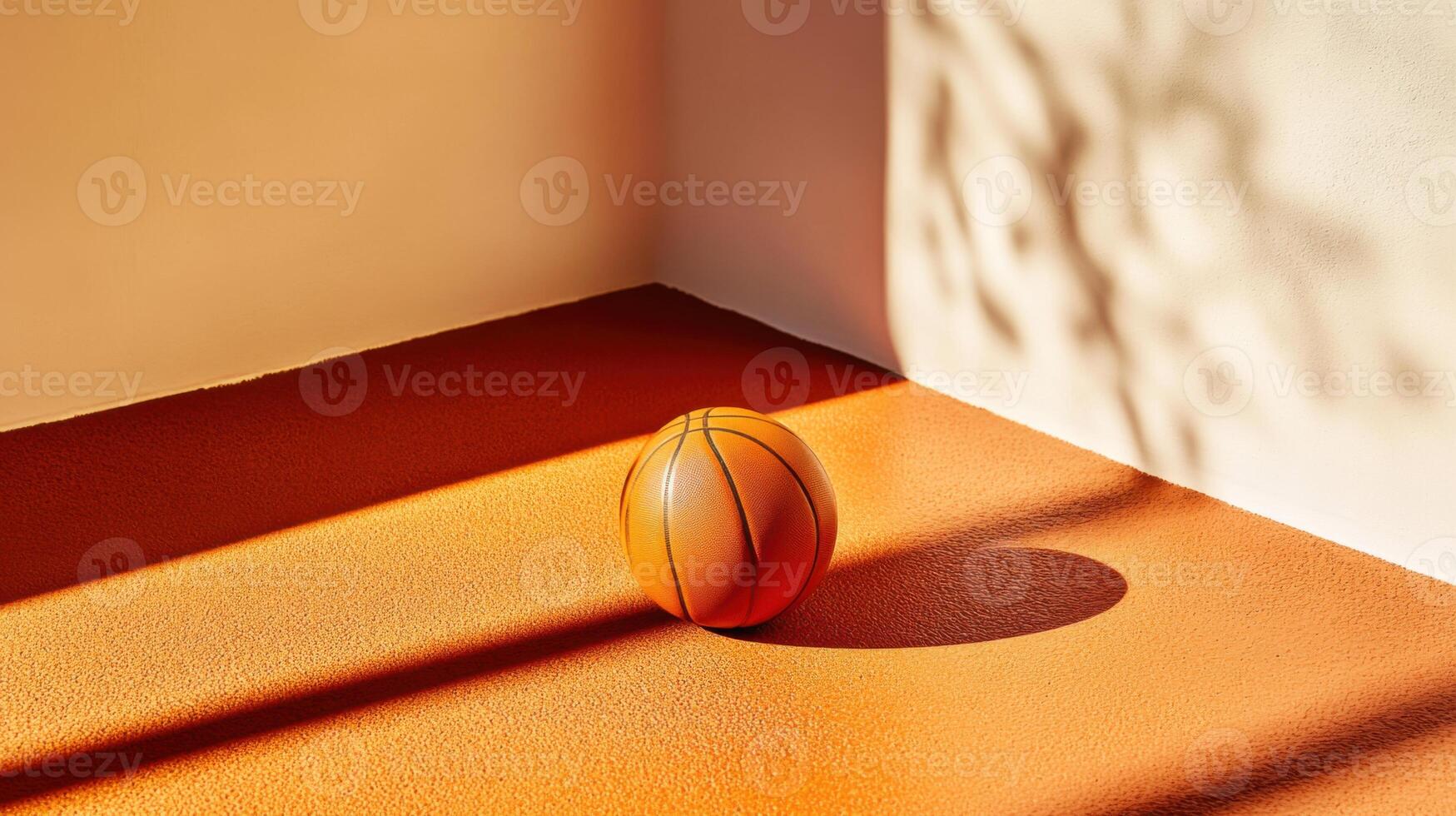 Minimalist basketball resting on a textured orange court. Warm sunlight and bold shadows create dynamic composition with a sports-inspired aesthetic photo