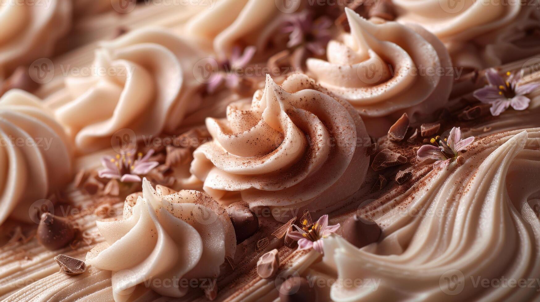 Delicate chocolate frosting swirls decorated with cocoa chips and flowers. Gourmet dessert showcasing intricate detail, artistic texture, and sweet indulgence photo