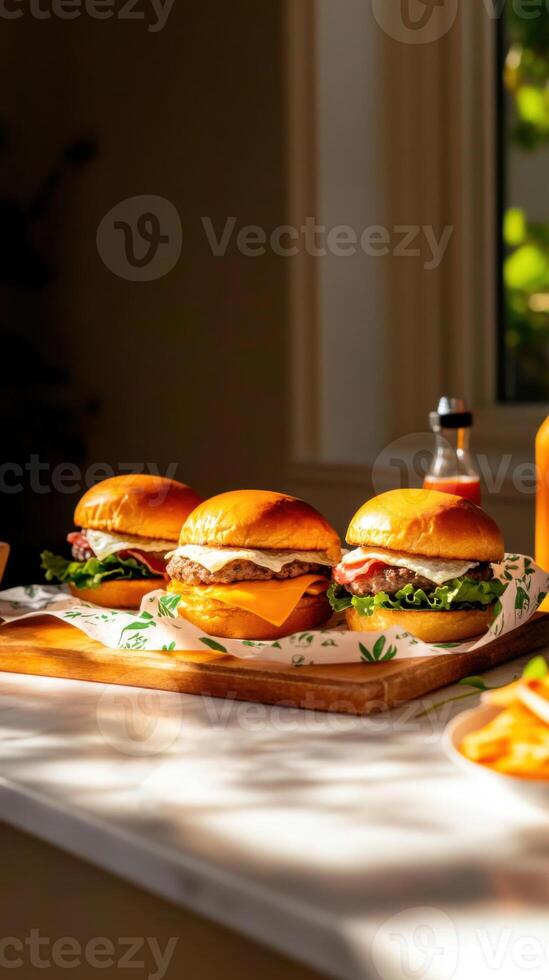 Three cheeseburgers stacked with beef, lettuce, bacon, egg, and cheddar. Grilled and served on a wooden board, ideal for barbecue, fast food, and hearty meals photo