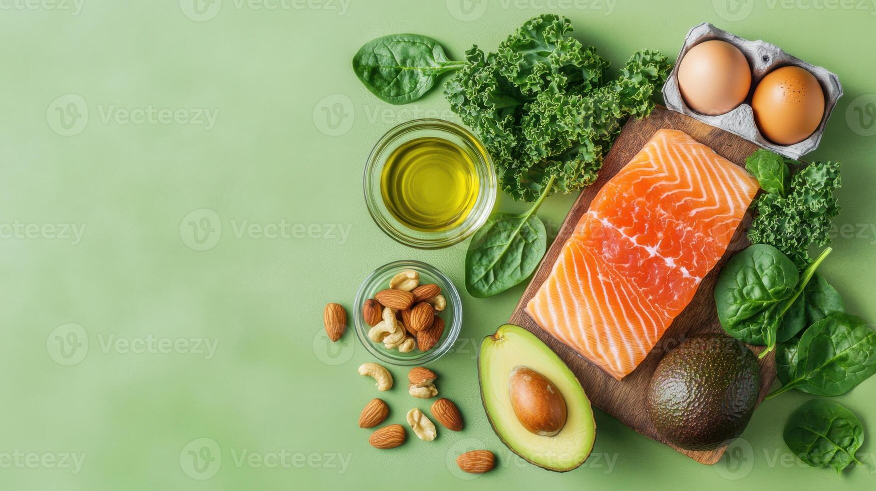 Flat lay of fresh salmon fillets, avocado halves, mixed nuts, olive oil, kale, spinach, and eggs arranged on a wooden board, perfect for a balanced keto diet photo