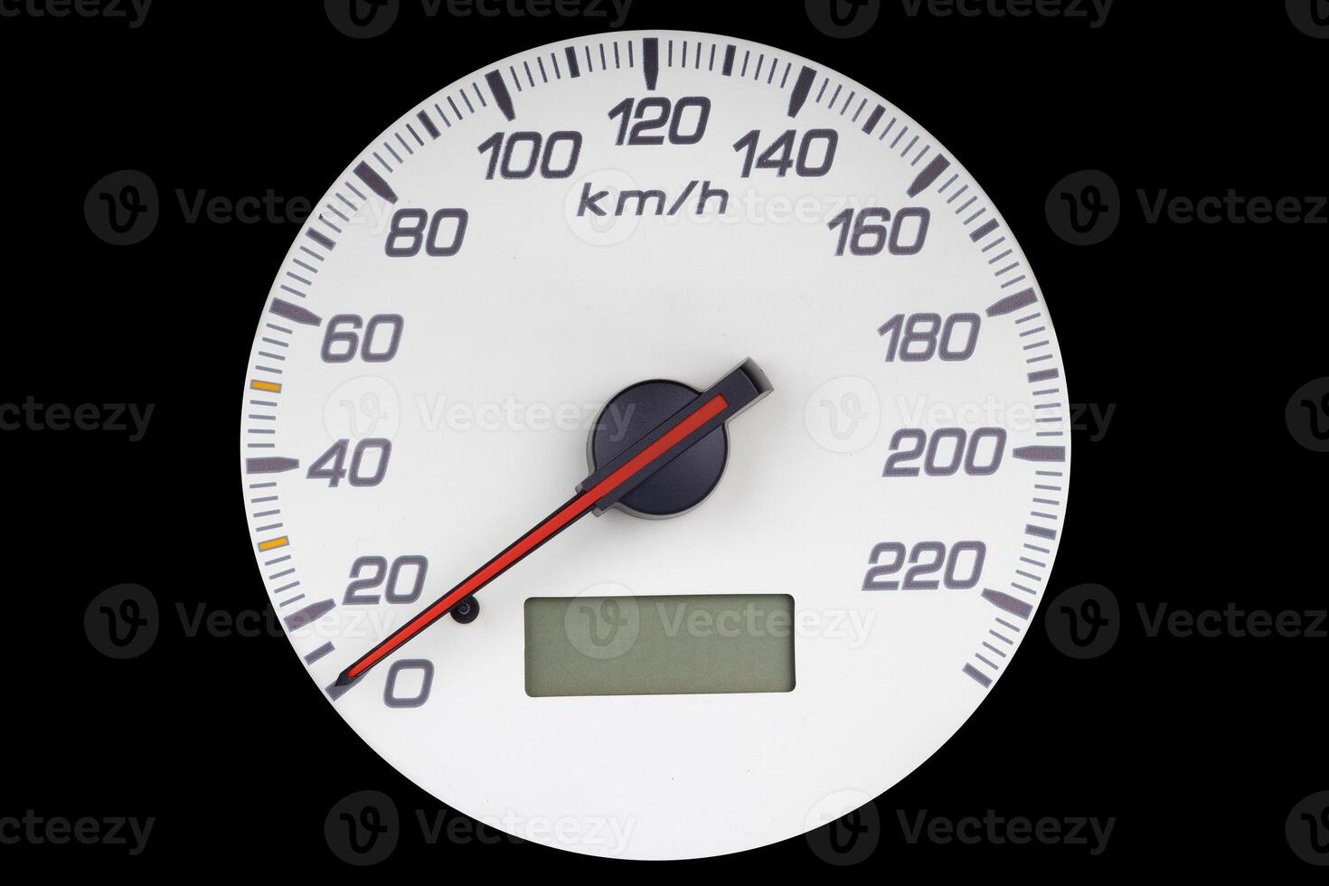 White analog speedometer with red needle photo