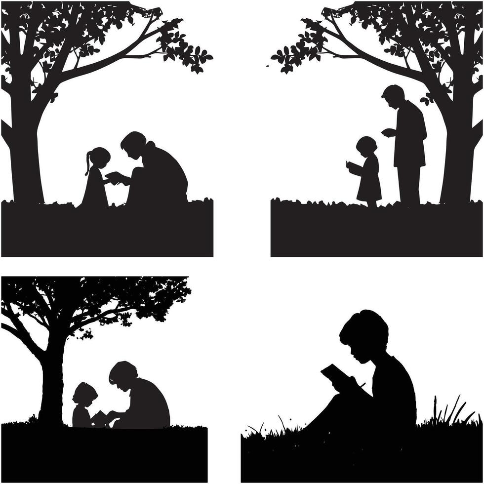 Child reading a book silhouette vector