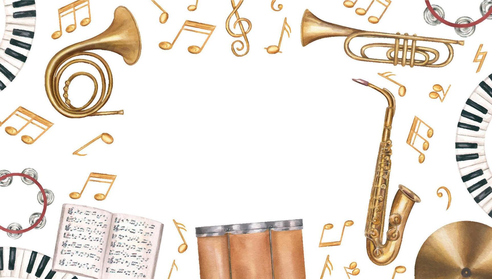 Watercolor percussion, string, wind instruments, musical notes, red splashes horizontal frame isolated background. Drum kit, double bass, piano, music notebook border with empty space for text. vector