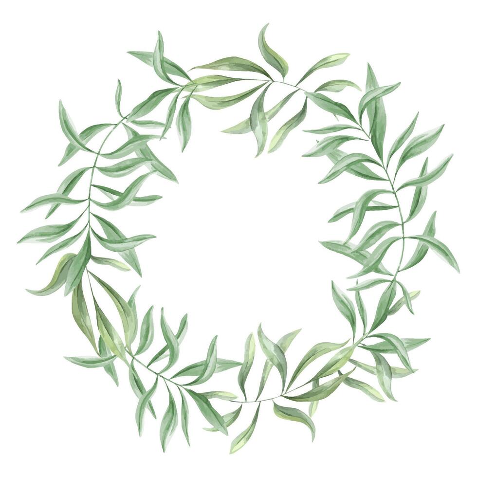 Eucalyptus or oleander foliage watercolor wreath with empty space for text or design. Hand painted ivy leaves botanical illustration for invitation, label, and social media template. Round frame vector