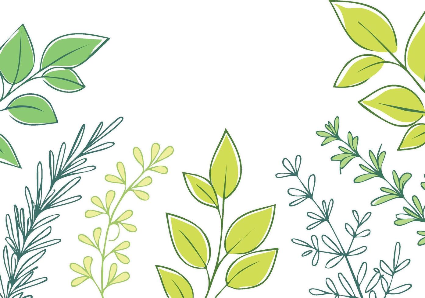 green leaves hand drawn style line art vector
