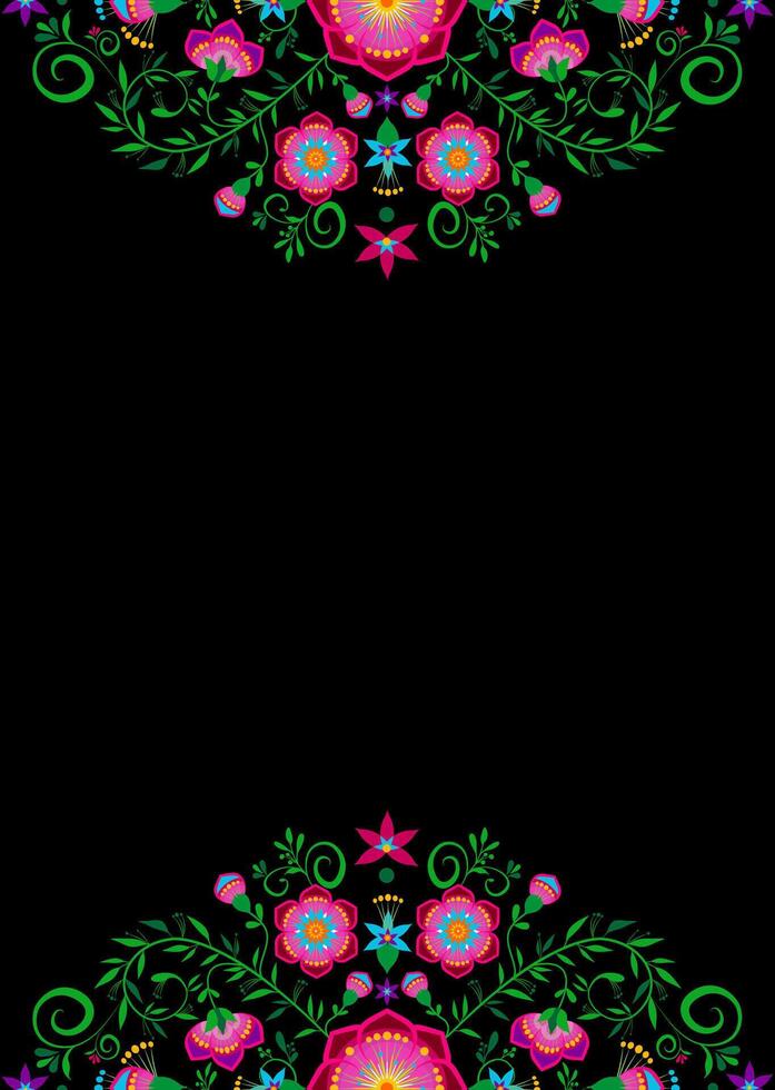 Mexican folk art style floral pattern, flowers border frame designs inspired by traditional embroidery from Mexico, illustration isolated on black background with copy space for text vector