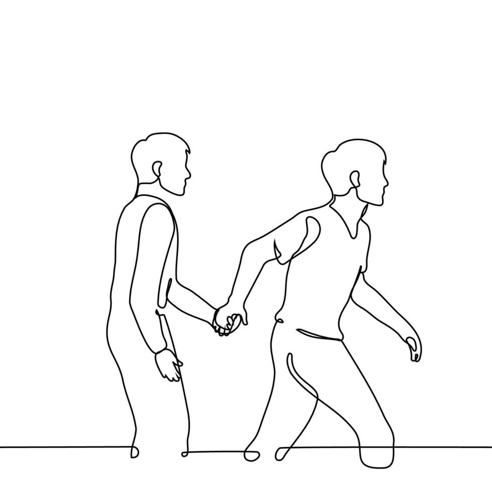 man holding hand another man - one line art . concept dominant and submissive or passive, bold and cowardly, confident and shy, male friendship vector