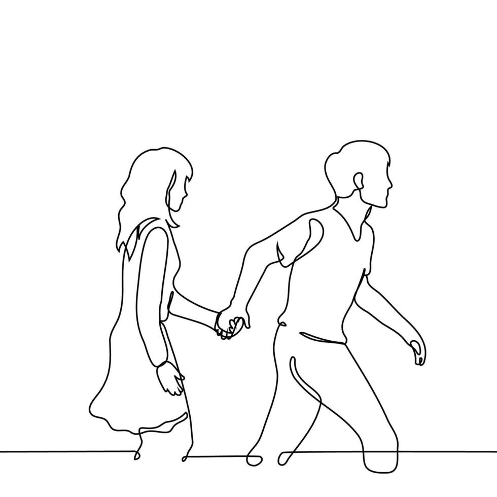 man leading woman by the hand - one line art . concept dominant and submissive or passive, bold and cowardly, confident and shy, heterosexual couple vector