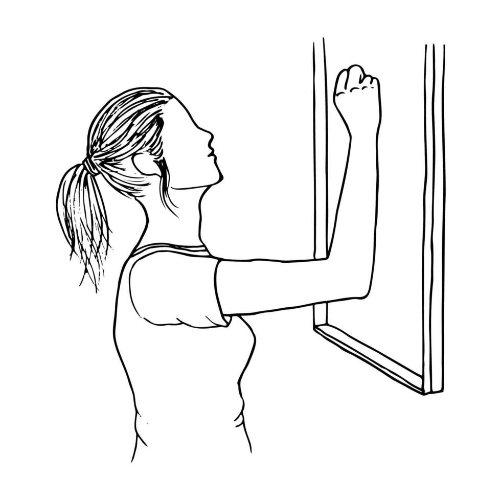 girl writing on board, profile view, faceless portrait - hand drawn outline minimalist drawing vector