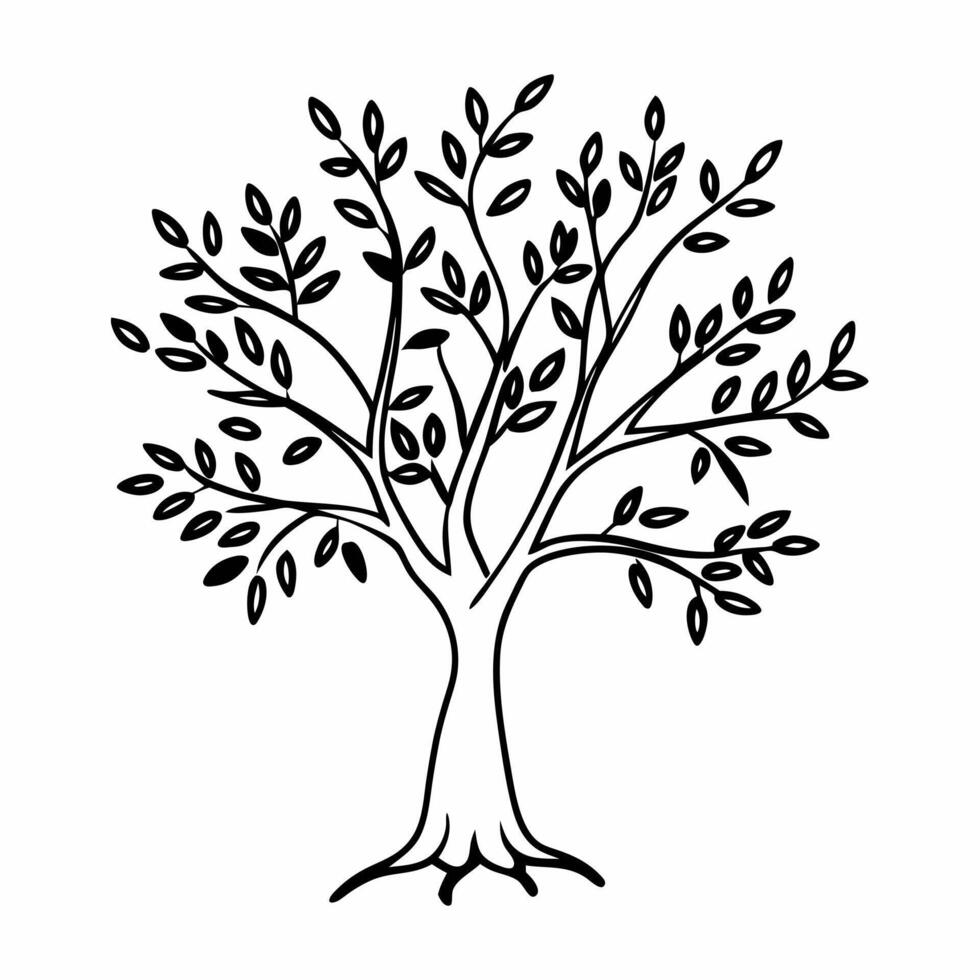 Elegant Black and White Tree Illustration with Detailed Branches and Leaves vector