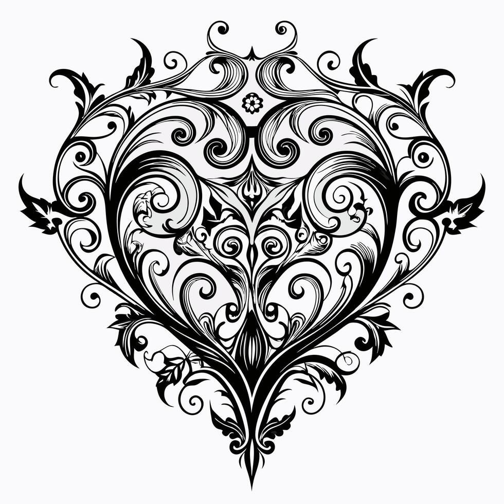 A black and white floral design of a heart vector