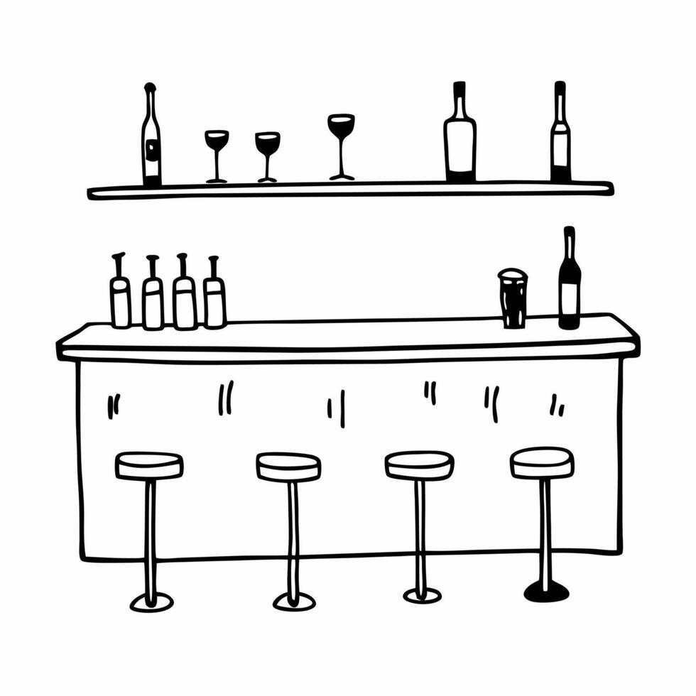 Minimalist Hand Drawn Bar Counter with Stools and Bottles Illustration vector