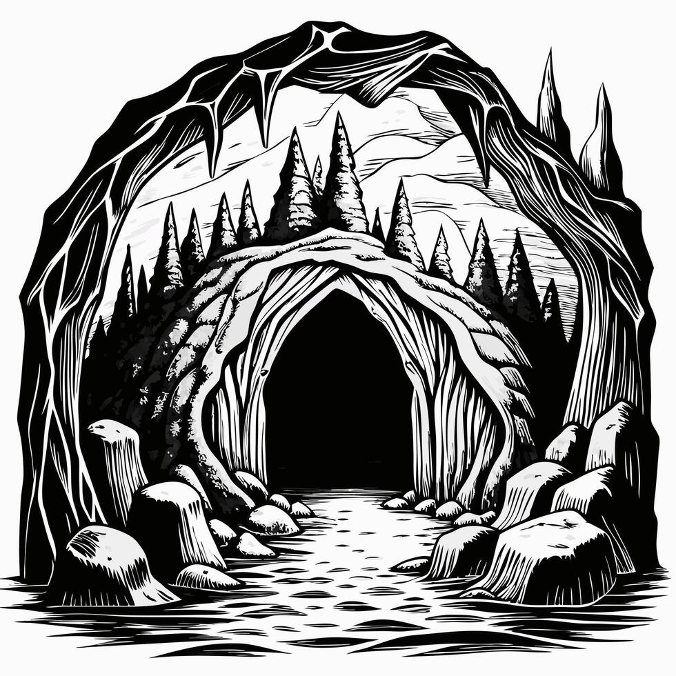 Monochrome Mountain Cave with Forest Trees and Rocky Entrance vector