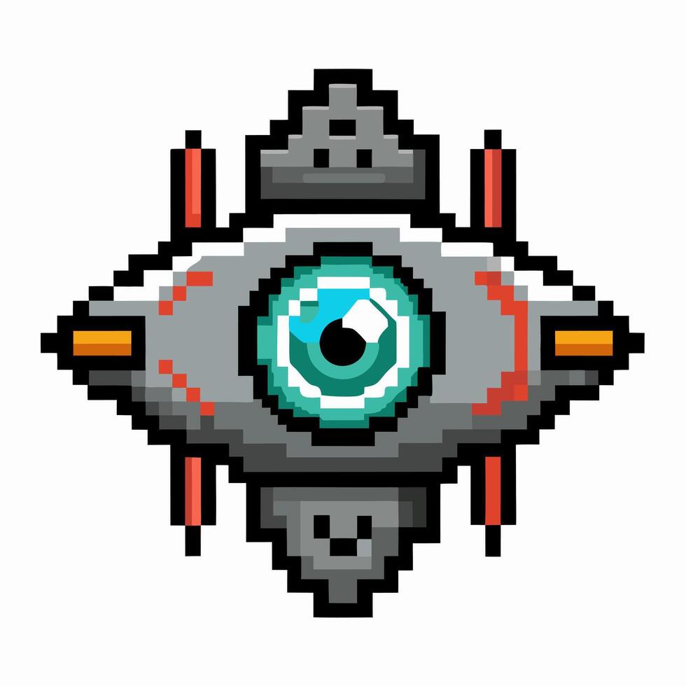 Retro Pixel Art Futuristic Robotic Eye Icon with Geometric Design vector
