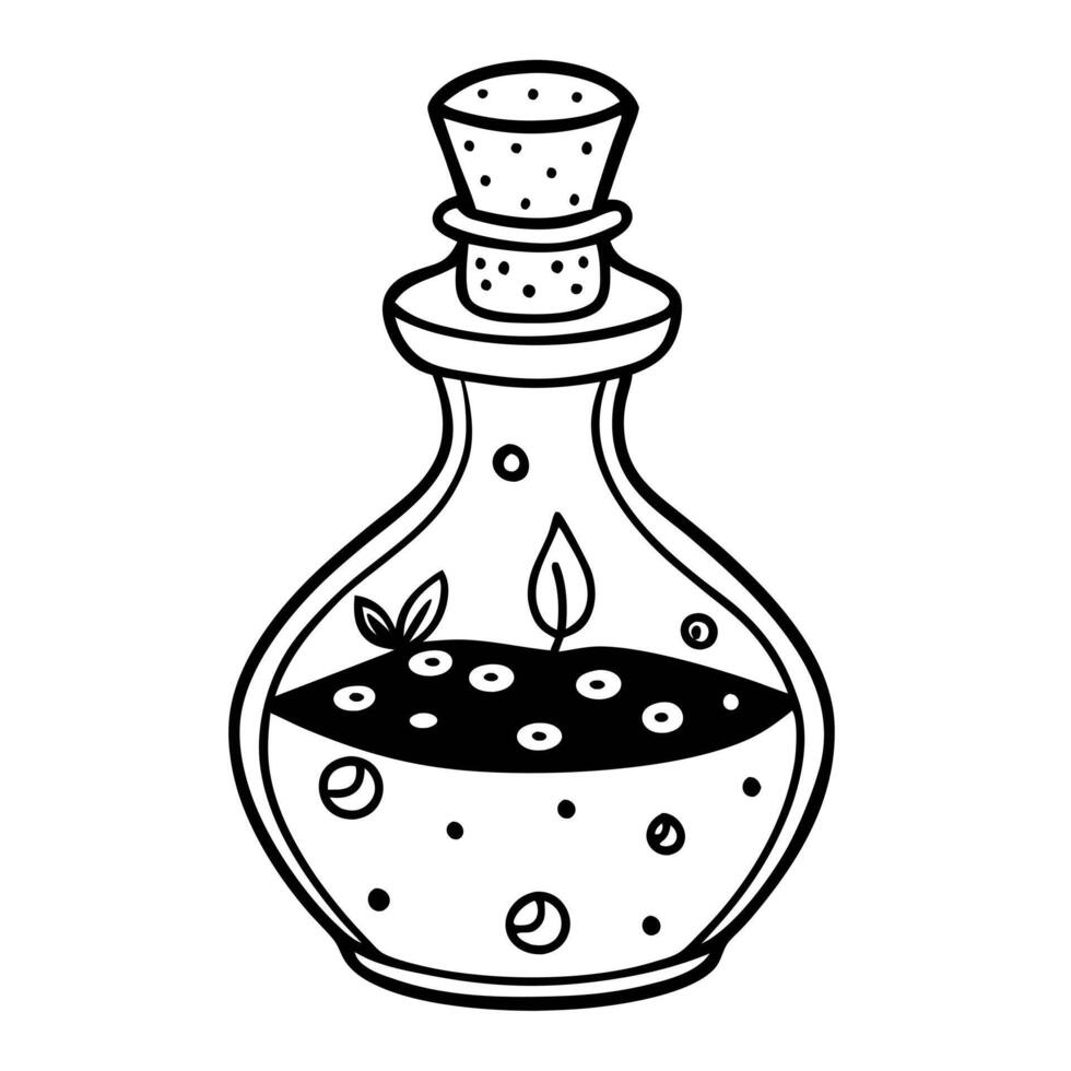 Outline Drawing of Magical Potion Bottle with Plant and Bubbles vector