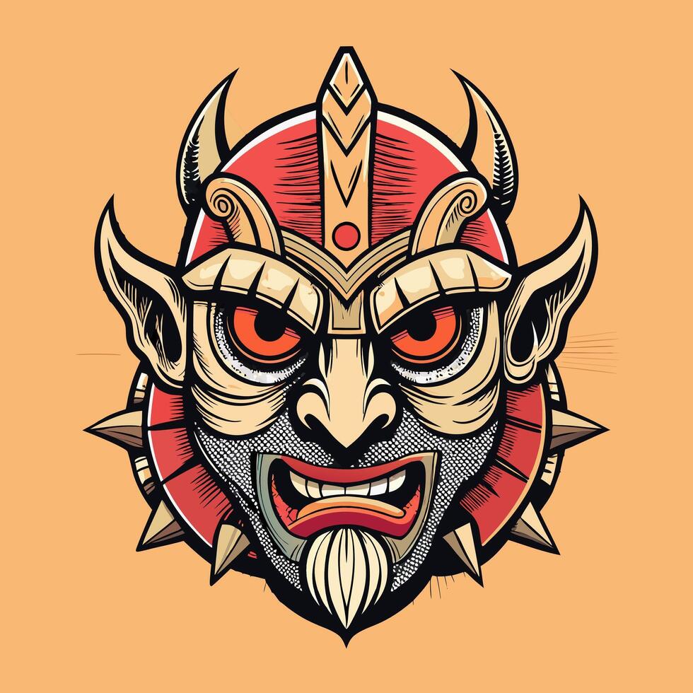 Fierce Tribal Mask Illustration with Horns and Bold Colors on Orange Background vector