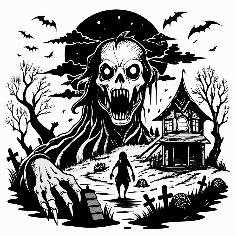 Eerie Night Scene with Haunted House and Monster Silhouette in Graveyard vector