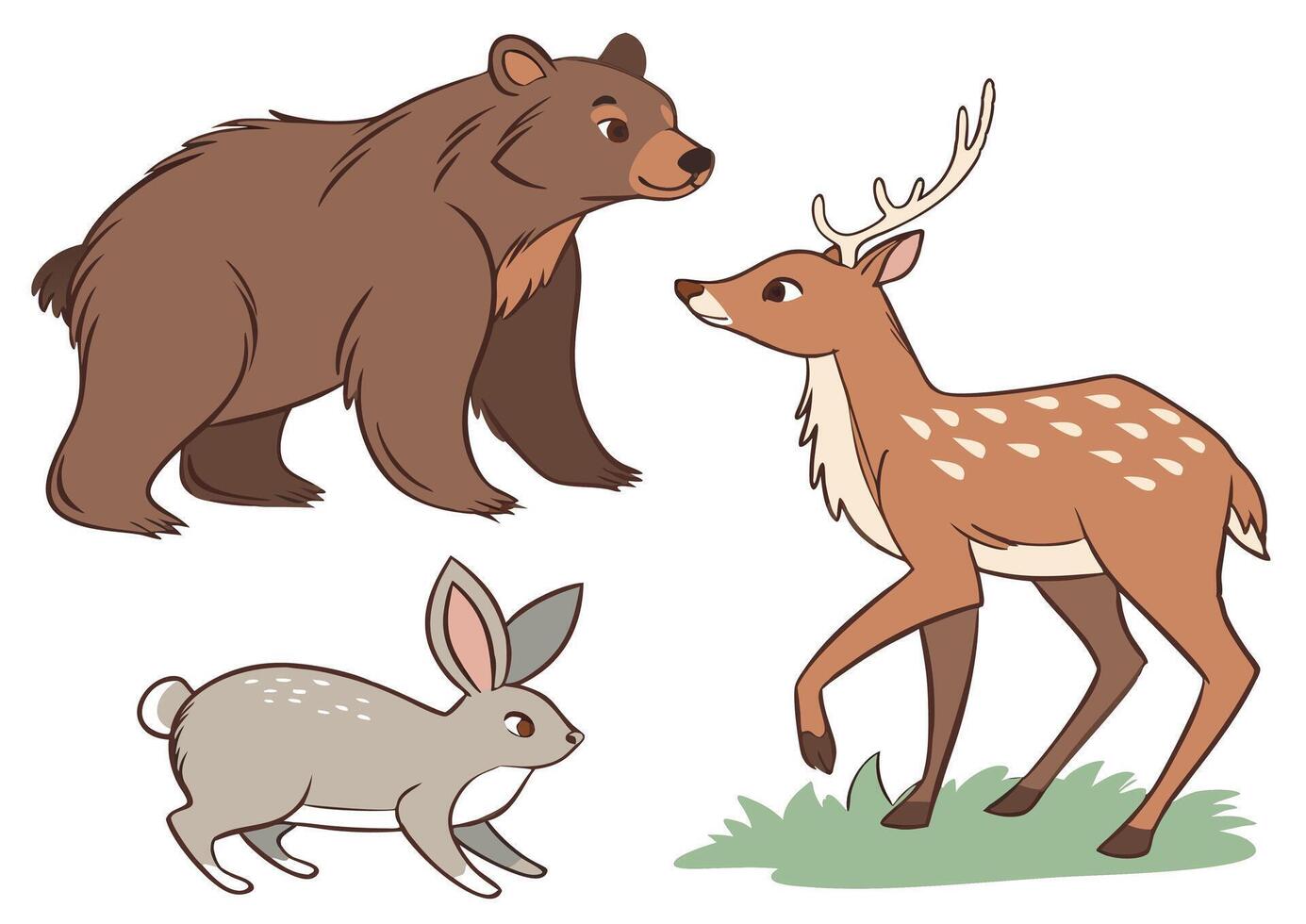 Set of cartoon animals. Cartoon Deer, Rabbit and Bear Isolated on white background vector