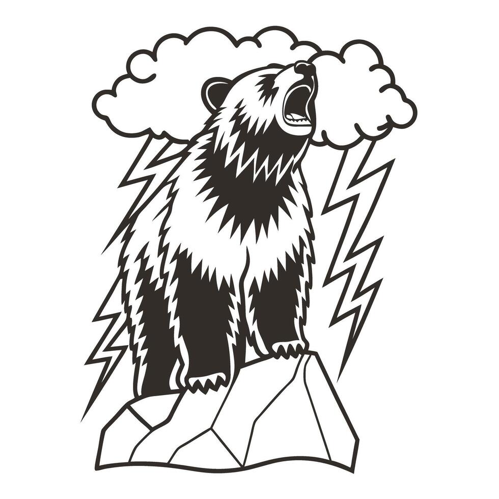 Roaring bear on mountain with storm clouds and lightning illustration vector